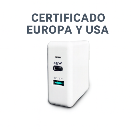 CARGADOR 48W REALES 1USB-C PD3.0 1USB-A QC3.0 CERTIFICADO USA
